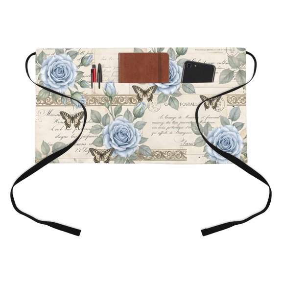 Spring Roses Butterfly Kitchen Restaurant Half Waist Apron, Rustic Vintage Blue Flower Floral Beige Postcard Server Short Apron with 3 Pockets Waterproof Oil Waist Aprons for Women Waitress Waiter