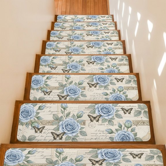 Spring Roses Butterfly Non-Slip Stair Treads for Wooden Steps, 4 Pack 8x30 Inches Carpet Stair Mats with Adhesive Backing, Noise-Reducing Step Covers for Indoor Stairs, Easy to Install & Residue-Free