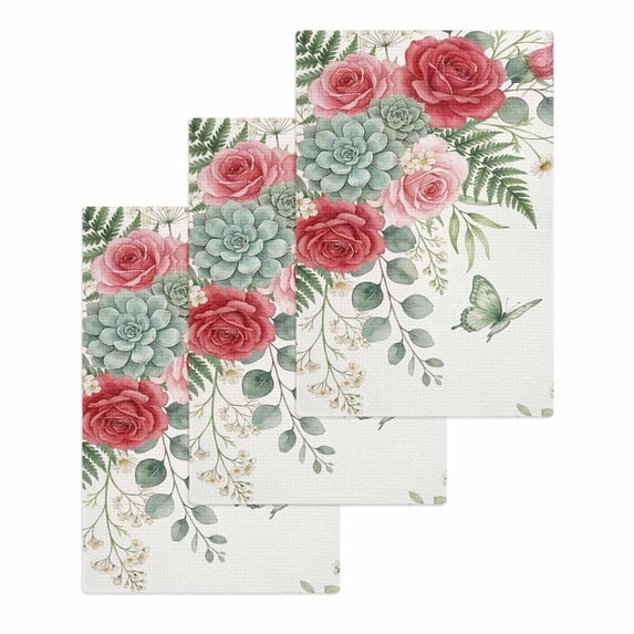 Spring Roses Kitchen Dish Towels for Drying Dishes Set of 3, Garden Botanical Leaves Butterflies Waffle Weave Microfiber Hand Tea Bathroom Towels Quick Dry & Absorbent Towel 15.7x23.6