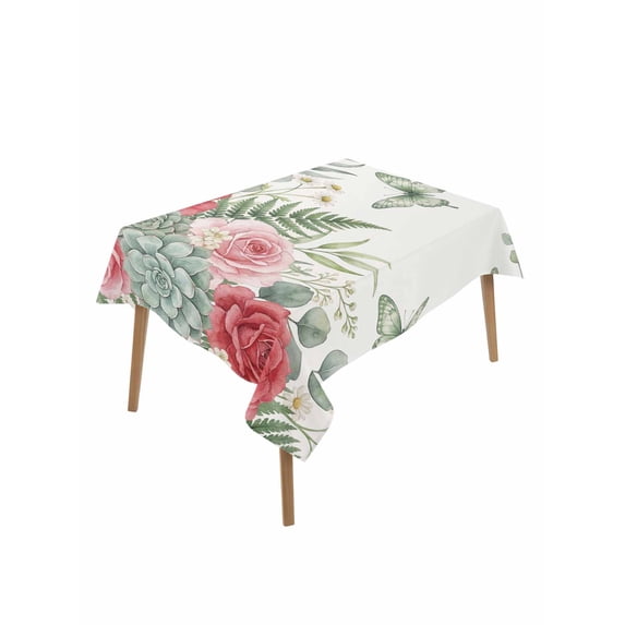 Spring Roses Rectangle Tablecloth, Garden Botanical Leaves Butterflies Waterproof & StainResistant Tablecloth, Washable Oil-proof Table Cover for Dining/Party/Wedding/Camping/Buffet 60x84 In