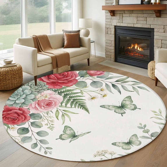 Spring Roses Round Area Rug 6Ft Washable Circle Rugs for Bathroom Office, Garden Botanical Leaves Butterflies Non-Slip Carpet Floor Mats Indoor Outdoor Carpet Runner Aesthetic Home Decor