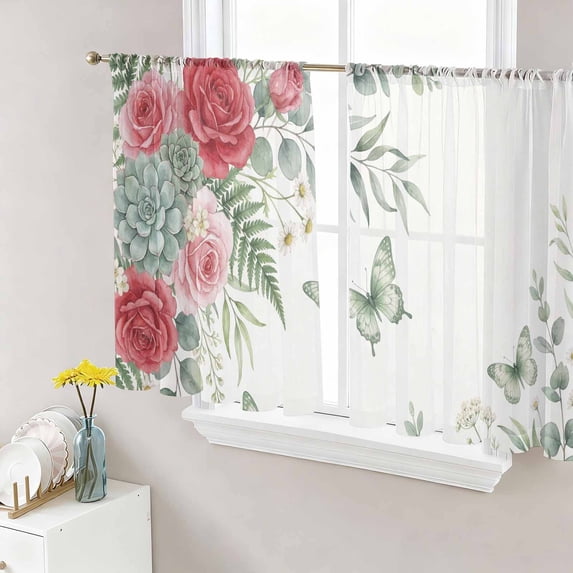 Spring Roses Sheer Curtains 54 Inches Length 2 Panels Set, Window Sheer Curtains for Living Room/Bedroom, Garden Botanical Leaves Butterflies Light Filtering Rod Pocket Curtain 52''x54''x2