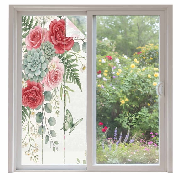 Spring Roses Window Privacy Film, Garden Botanical Leaves Butterflies Static Cling UV Sun Blocking Heat Control Window Tint Day and Night, Non-Adhesive One Way Windows Privacy Cover 35.4''x78.7''
