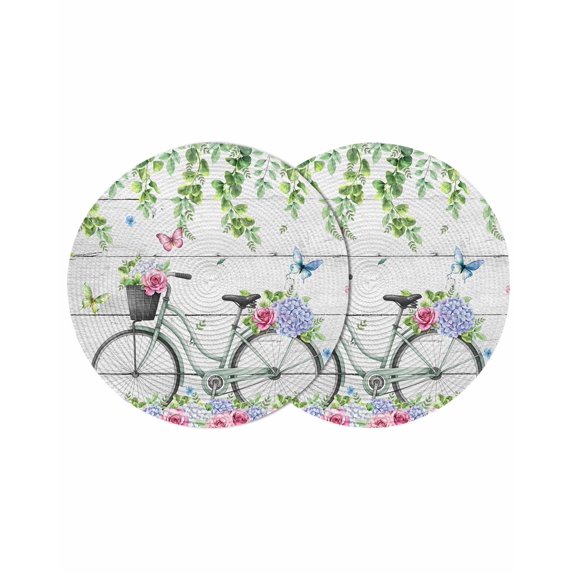 Spring Round 13 Inch Placemats Set of 2, Bicycles Botanical Rose Leaves Butterfly Wood Grain HeatResistant Non Slip Place Mats for Dining Table, Wipeable Braided Kitchen Table Mats for Housewarming