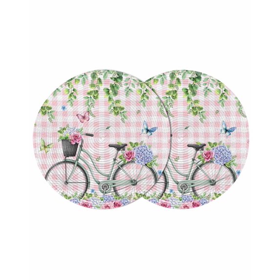 Spring Round 13 Inch Placemats Set of 2, Bicycles Leaves Butterfly Flowers Pink Buffalo Plaid HeatResistant Non Slip Place Mats for Dining Table, Wipeable Braided Kitchen Table Mats for Housewarming