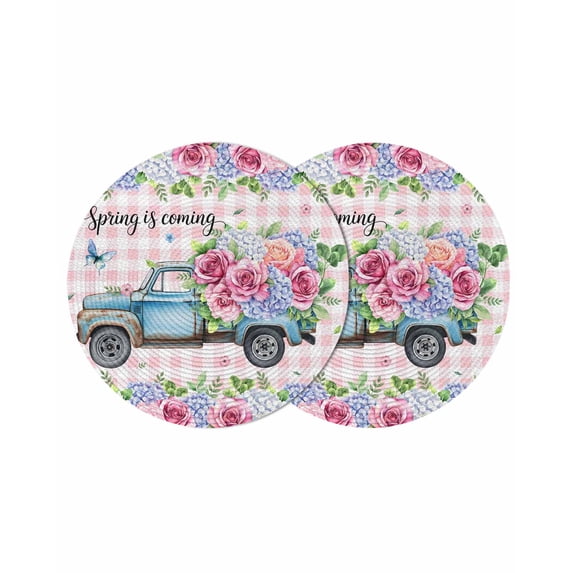 Spring Round 13 Inch Placemats Set of 2, Truck Botanical Rose Leaves Butterfly Pink Lattice HeatResistant Non Slip Place Mats for Dining Table, Wipeable Braided Kitchen Table Mats for Housewarming