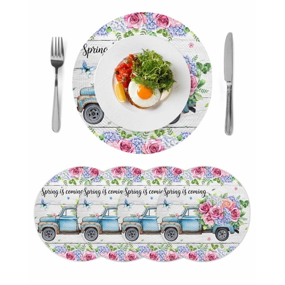 Spring Round 13 Inch Placemats Set of 4, Truck Botanical Floral Leaf Butterfly Wooden Grain HeatResistant Non Slip Place Mats for Dining Table, Wipeable Braided Kitchen Table Mats for Housewarming