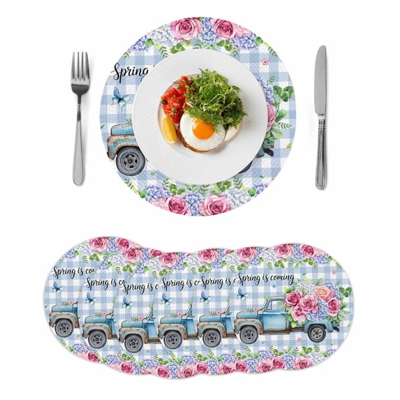 Spring Round 13 Inch Placemats Set of 6, Truck Botanical Rose Leaves Blue White Plaid HeatResistant Non Slip Place Mats for Dining Table, Wipeable Braided Kitchen Table Mats for Housewarming