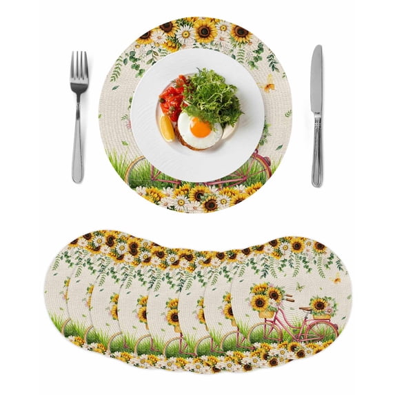 Spring Round 13 Inch Placemats Set of 8, Bicycles Botanical Sunflowers Leaves Butterfly HeatResistant Non Slip Place Mats for Dining Table, Wipeable Braided Kitchen Table Mats for Housewarming