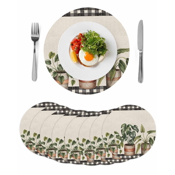 Spring Round 13 Inch Placemats Set of 8, Country Vintage Pots Plants Black Plaid Border HeatResistant Non Slip Place Mats for Dining Table, Wipeable Braided Kitchen Table Mats for Housewarming