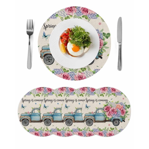 Spring Round 15 Inch Placemats Set of 4, Farmhouse Retro Truck Botanical Rose Butterfly HeatResistant Non Slip Place Mats for Dining Table, Wipeable Braided Kitchen Table Mats for Housewarming
