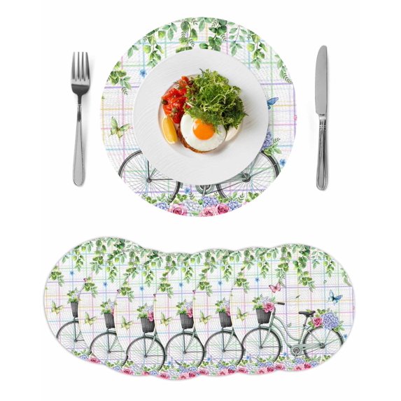 Spring Round 15 Inch Placemats Set of 6, Bicycles Botanical Leaves Rose Colorful Stripes HeatResistant Non Slip Place Mats for Dining Table, Wipeable Braided Kitchen Table Mats for Housewarming