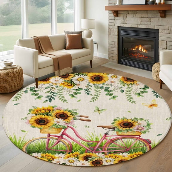 Spring Round Area Rug 6Ft Washable Circle Rugs for Bathroom Office, Bicycles Botanical Sunflowers Leaves Butterfly Non-Slip Carpet Floor Mats Indoor Outdoor Carpet Runner Aesthetic Home Decor