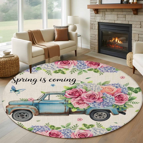 Spring Round Area Rug 6Ft Washable Circle Rugs for Bathroom Office, Farmhouse Retro Truck Botanical Rose Butterfly Non-Slip Carpet Floor Mats Indoor Outdoor Carpet Runner Aesthetic Home Decor