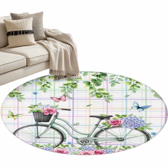 Spring Round Area Rugs Collection 3.3', Bicycles Botanical Leaves Rose Colorful Stripes Non Slip Indoor Circular Throw Runner Rug Floor Mat Carpet for Living Room Dining Table Bedroom Nursery