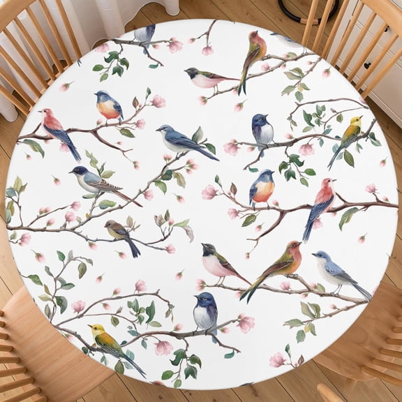 Spring Round Fitted Tablecloth with Elastic Edge Floral Bird Branch Printed Outdoor Table Cover for 40"-44" Rustic Stretch Table Cloth for Dining Room Party Picnic
