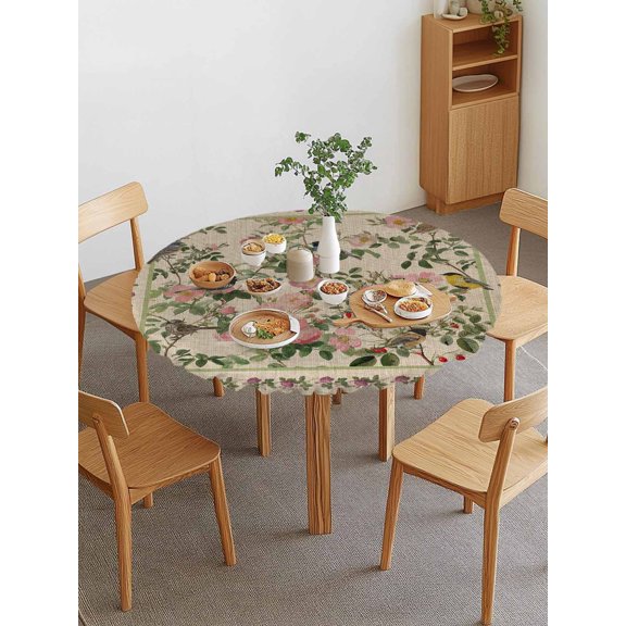 Spring Round Fitted Tablecloth with Elastic Edge, Oriental Traditional Ethnic Floral Birds Retro Linen Waterproof Stretch Table Covers for 45"-54" Tables Wipeable Table Cloth for Outdoor