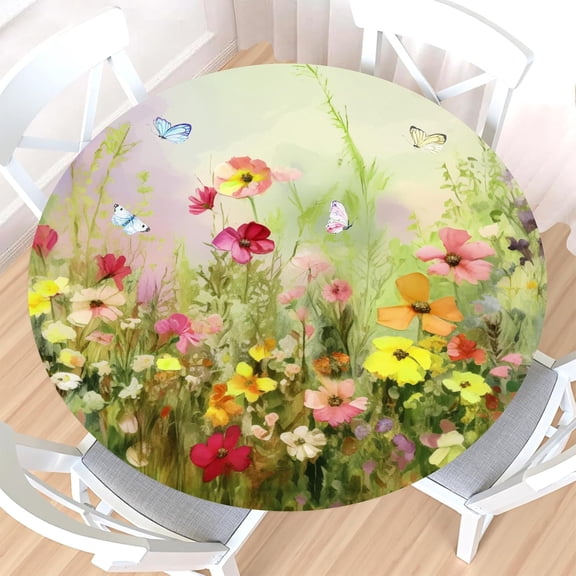 Spring Round Fitted Tablecloth with Elastic Edge,Water-Resistant Wipeable Green Oil Pink Yellow Floral Leaf Butterfly Wildflower Table Cover for 40-44" Stretch Table Cloth for Dinner Indoor Outdoor