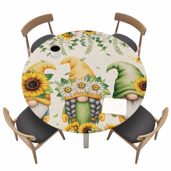 Spring Round Fitted Tablecloth Pastoral Sunflowers Daisy Gnomes Leaves Retro Linen Waterproof Elastic Stretch Table Cover for 45"-54" Round Table, Oil Proof Tablecloth for Picnic Party Dinner