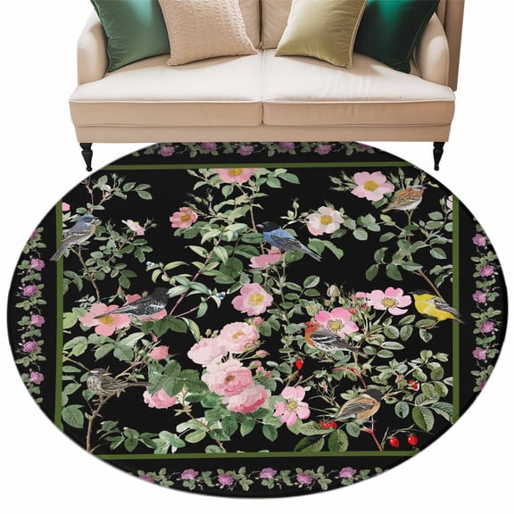 Spring Round Rug 6Ft Oriental Traditional Ethnic Floral Birds Retro Black Circle Area Rugs Washable Non Slip Indoor Floor Mats Carpet for Living Room Bedroom Dining Room Home Decor