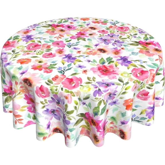 Spring Round Tablecloth 60 Inch, Watercolor Floral Washable Polyester Table Cover for Home Kitchen Party Dinner Decor, Pink Purple Flower