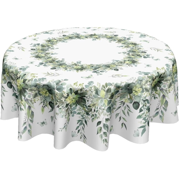 Spring Round Tablecloth 70 Inch Green Eucalyptus Leaf Circle Table Cloth Seasonal Holiday Rustic Table Cover for Party Kitchen Dinner Home Decor