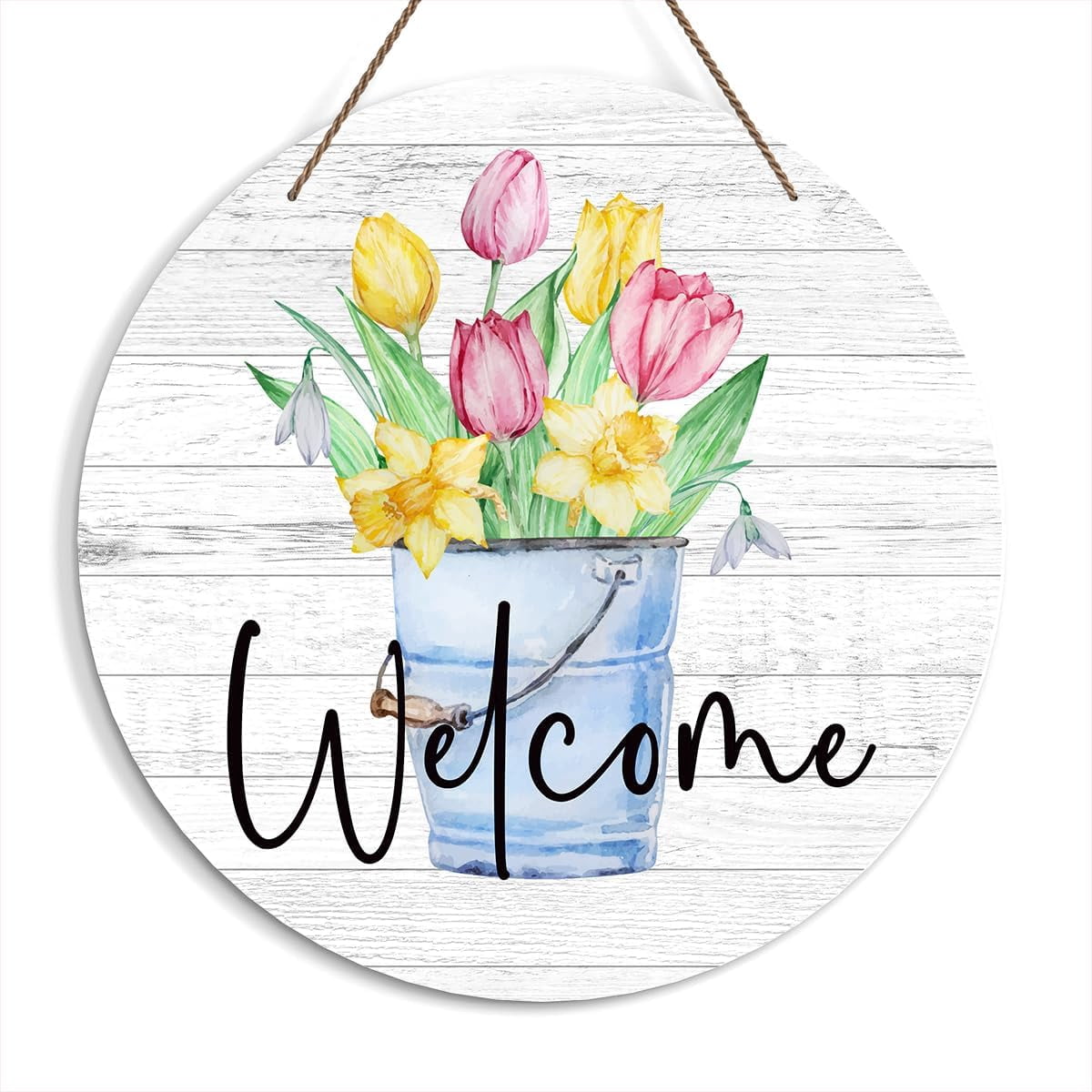 Spring Round Welcome Decorative Sign, Spring Flower Wooden Sign with ...