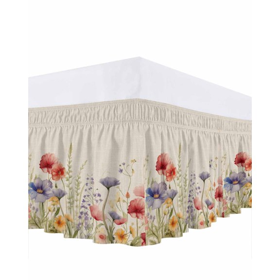 Spring Rustic Bed Skirt Queen Size 16" Drop Flowers Daisy Lavender Watercolor Plant Leaves Linen Ruffled Wrap Around Bed Skirts Adjustable Elastic Bedskirt Dust Ruffle for Queen Size Bed