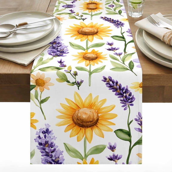 Spring Rustic Cotton Linen Table Runner Sunflower Lavender Flower Leaf Floral Dining Table Runners for Home Decor Party Dining Room Restaurant Kitchen 13" x 60"