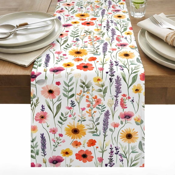 Spring Rustic Cotton Linen Table Runner Sunflower Pink Flower Lavender Leaf Botanical Dining Table Runners for Home Decor Party Dining Room Restaurant Kitchen 13" x 36"