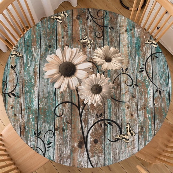 Spring Rustic Daisy Round Fitted Tablecloth with Elastic Edge Vintage Farmhouse Sunflowers Circle Table Cloth 40-44 Inch Shabby Chic Flower Barnwood Table Cover Washable for Kitchen Dining Decor