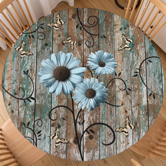 Spring Rustic Daisy Round Fitted Tablecloth with Elastic Edge Vintage Wathet Sunflowers Table Cloth 48-52 Inch Shabby Chic Flower Barnwood Table Cover Washable for Kitchen Dining Decor