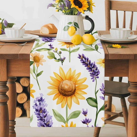Spring Rustic Dining Table Runner, Sunflower Lavender Flower Leaf Floral Washable Table Runners Kitchen Coffee Table Center Decor for Home Party Holiday Wedding 13 x 36 Inches