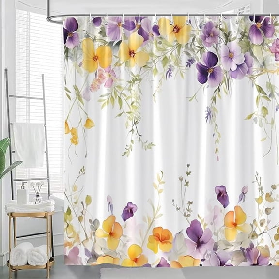 Spring Rustic Floral Shower Curtain Farm Watercolor Yellow Purple Flower Leaves Rustic Farmhouse Wildflower Watercolor Blossom Nature Botanical Bathroom Decor Curtains 54"W x 72"L