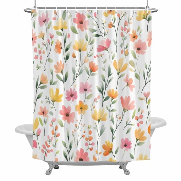 Spring Rustic Shower Curtain for Bathroom, Pink Yellow Daisy Flower Sage Green Leaves Waterproof Cloth Fabric Bathroom Accessories Set with 12 Rust Proof Plastic Hooks, 72"x84"