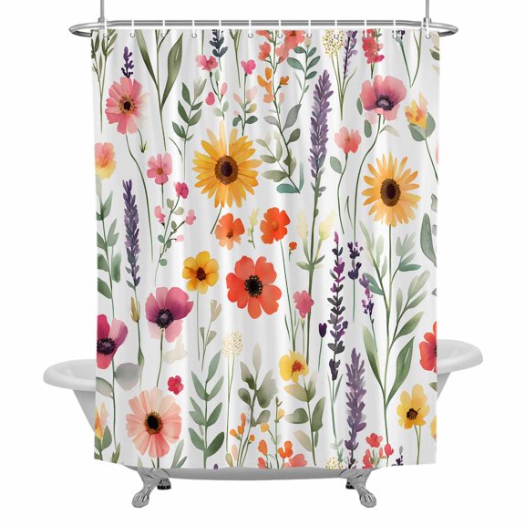 Spring Rustic Shower Curtain for Bathroom, Sunflower Pink Flower Lavender Leaf Botanical Waterproof Cloth Fabric Bathroom Accessories Set with 12 Rust Proof Plastic Hooks, 36"x72"