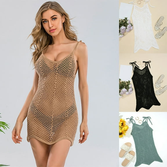 Spring'S New Arrivals AXXD Black Swimsuit Cover Up Women Mesh Sheer Cover Up Sexy Round Neck Beach Hollow Slimming Sleeveless Bandage Dress