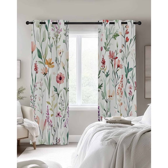 Spring Sage Floral Blackout Curtains 2 Panels Watercolor Style Red Flower Thermal Insulated Grommet Window Curtains for Bedroom Living Room 27.5"x39"