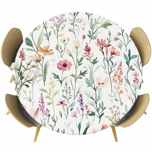 Spring Sage Floral Round Fitted Table Cover Watercolor Style Red Flower Waterproof Table Cloth with Elastic Edge Wipeable Tablecloth for Picnic Camping Party Fits 36"-44" Diameter