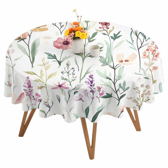 Spring Sage Floral Round Tablecloth 54 inches Watercolor Style Red Flower Waterproof Oil-Proof Table Cloth Round Table Cover for Holiday Party Picnic Dinner Decor Indoor and Outdoor Use