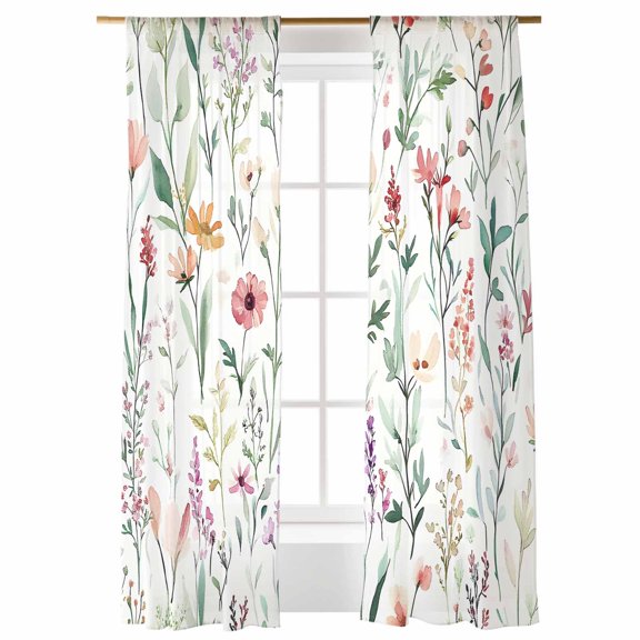 Spring Sage Floral Sheer Curtains 108 inches Long 2 Panels Set Watercolor Style Red Flower Sheer Window Curtain Rod Pocket Voile Drapes for Living Room/Bedroom, Each 52" W x 108" L