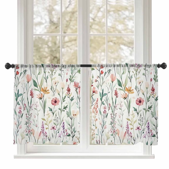 Spring Sage Floral Sheer Curtains 45 inches Long 2 Panels Set Watercolor Style Red Flower Tiers Sheers Rod Pocket Small Window Short Curtains for Kitchen Cafe, Each 52" W x 45" L