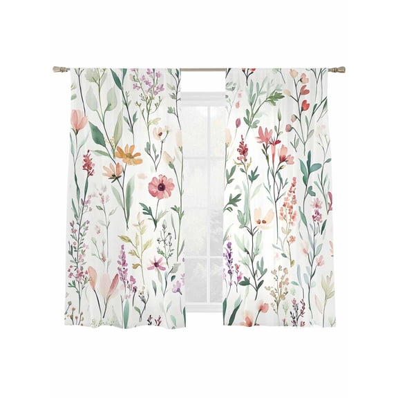 Spring Sage Floral Sheer Curtains for Living Room Bedroom, Watercolor Style Red Flower Light Filtering Sheer Curtain Rod Pocket Voile Window Treaments Drapes, 52 x 63 Inches