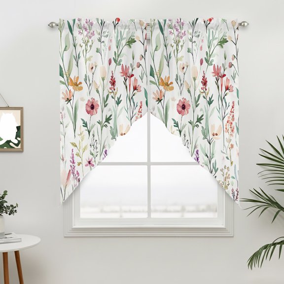 Spring Sage Floral Swag Curtain Valance for Windows, Watercolor Style Red Flower Window Treatments Short Swag Topper for Kitchen Windows Bathroom Bedroom, 36"x36"