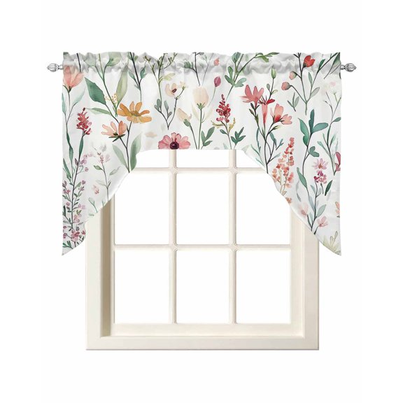 Spring Sage Floral Swag Valance and Tier Curtains Set Watercolor Style Red Flower Kitchen Curtains 3 Piece Set Rod Pocket Panels for Bedroom Cafe 56x36 inch