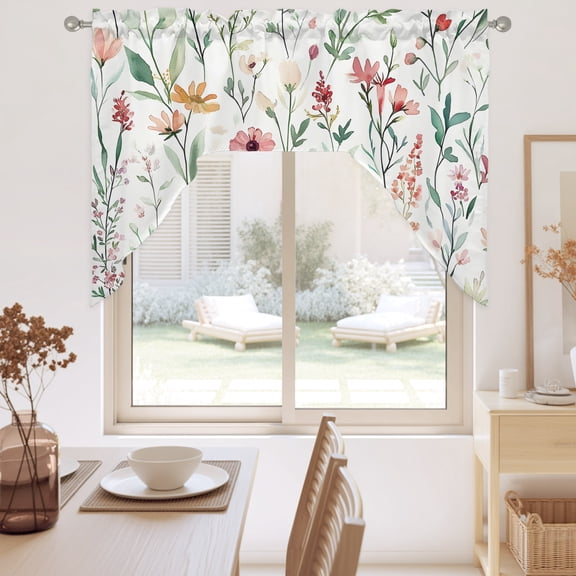 Spring Sage Floral Swag Valance for Windows, Watercolor Style Red Flower Swag Curtains Valances for Small Window Treatment Rod Pocket for Kitchen Bathroom 1 Panel 56x36in