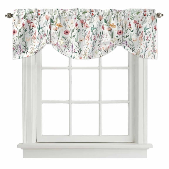 Spring Sage Floral Tie Up Valances Curtain, Watercolor Style Red Flower Adjustable Rod Pocket Short Window Treatment Tie Up Curtains Valances for Kitchen Living Room Bathroom 54x18 Inches