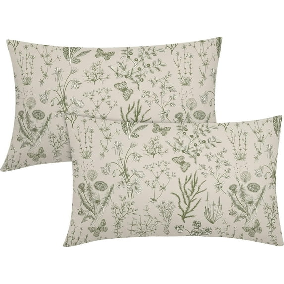 Spring Sage Green Floral Lumbar Pillow Covers 12x20 Inch Vintage Wild Flower Herbs Plant Butterfly Decorative Pillow Cases Botanical Farmhouse Cushion Covers Home Decor for Sofa Couch Set of 2