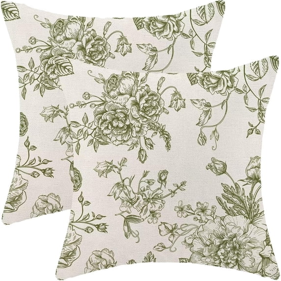 Spring Sage Green Floral Pillow Covers 18x18 Inch Set of 2, Chinoiserie Sage Green Flower Decorative Throw Pillowcase Vintage Floral Outdoor Cushion Cover for Sofa Couch Living Room Bed Decor