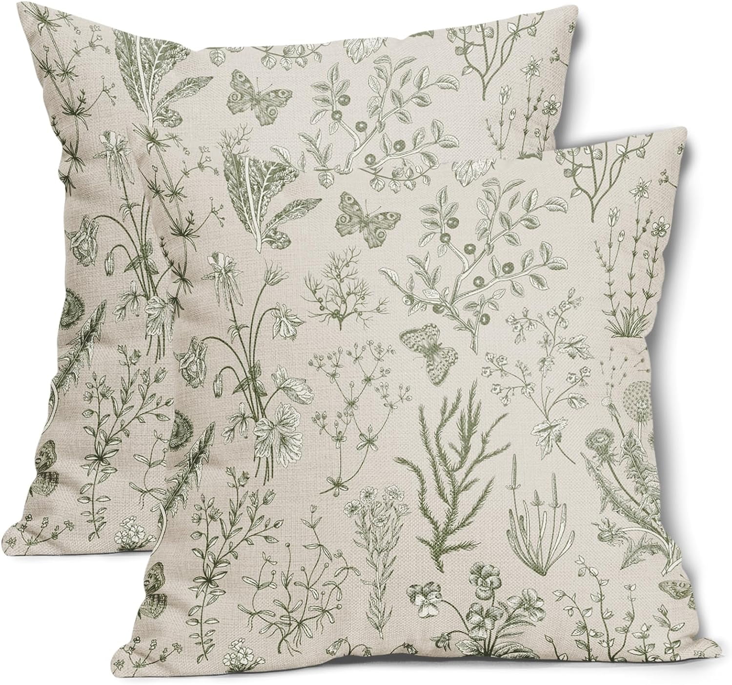 Spring Sage Green Floral Pillow Covers 18x18 Inch Vintage Wild Flower ...